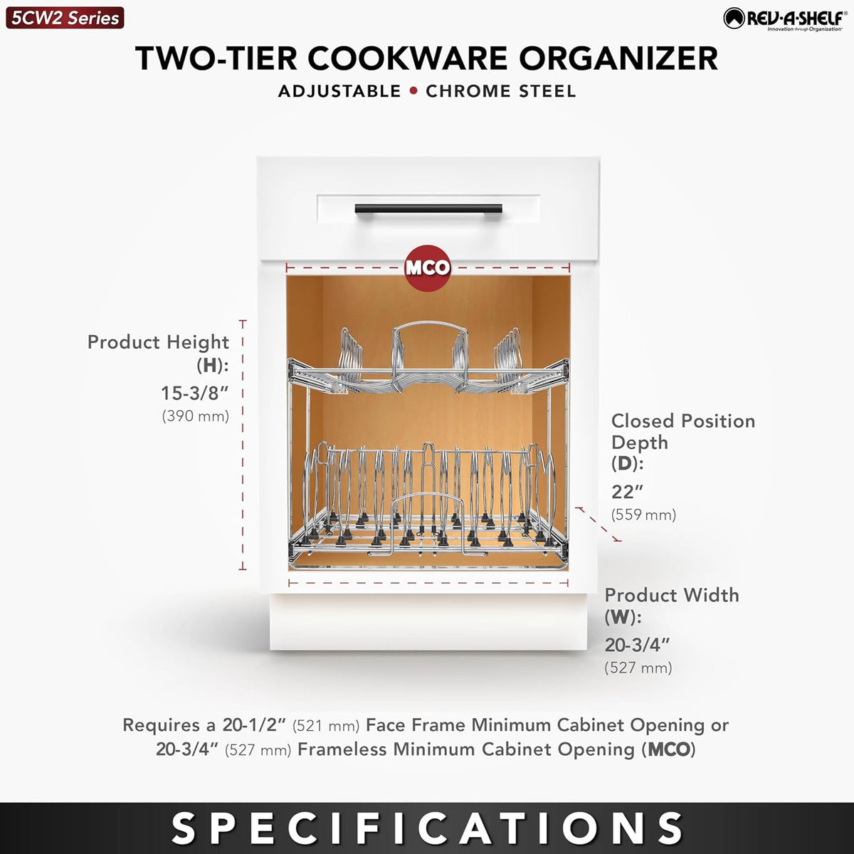 Rev-A-Shelf 2-Tier Kitchen Cabinet Pullout, Cabinet Organizer for Pots, Pans, and Lid Cookware, Adjustable Heavy Duty Wire, Chrome, Min Opening Width of 20.5', 5CW2-2122-C