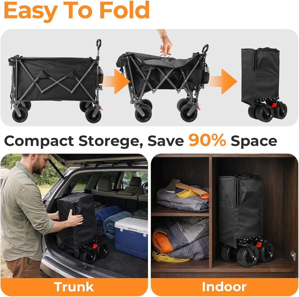58'L Extender Collapsible Wagon, Extra Long Foldable Wagon Cart with Extended Tailgate, Heavy Duty Rolling Utility Cart with All-Terrain Big Wheels for Shopping Sports Beach, Black
