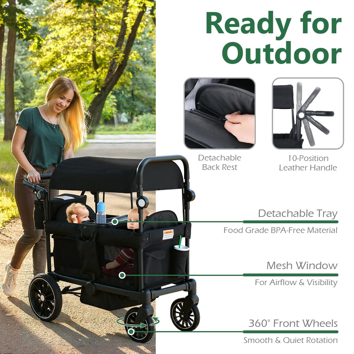 Kinder King Folding Wagon Stroller for 2 Kids, All-Terrain 2 Seater Stroller Wagon Outdoor, Removable Canopy, Adjustable Handle, Shock-Absorbing Wheel, Detachable Tray, Parent Organizer, Black
