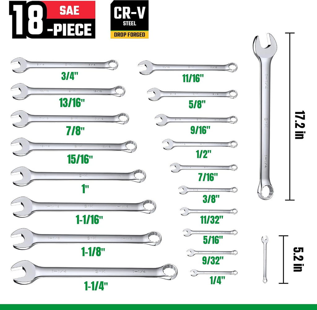 SK Combination Wrench Set, SAE 1/4' to 1-1/4', 18-Piece, SuperKrome Finish, Premium CR-V Construction, with Rolling Pouch