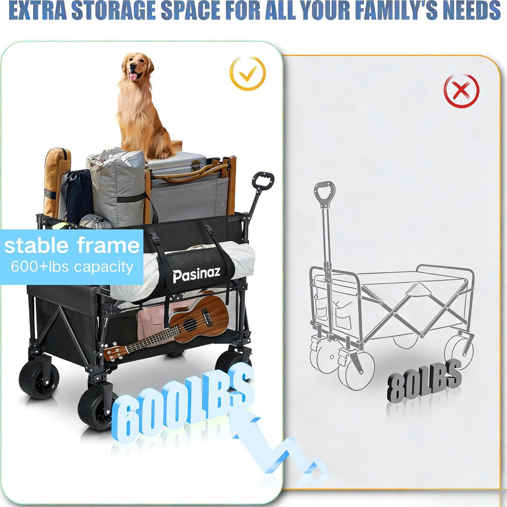 700lb Double Decker Wagon Collapsible Cart Foldable Heavy Duty Wagon Collapsible，400L,54' Extended Foldable Cart with Wheels for Camping Fishing & Outdoor Use, Beach cart，