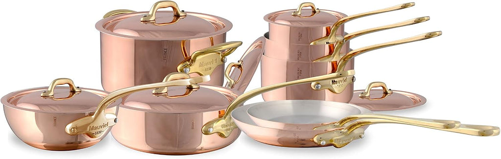 Mauviel M'Heritage 150 B 1.5mm Polished Copper & Stainless Steel 14-Piece Cookware Set With Brass Handles, Made In France