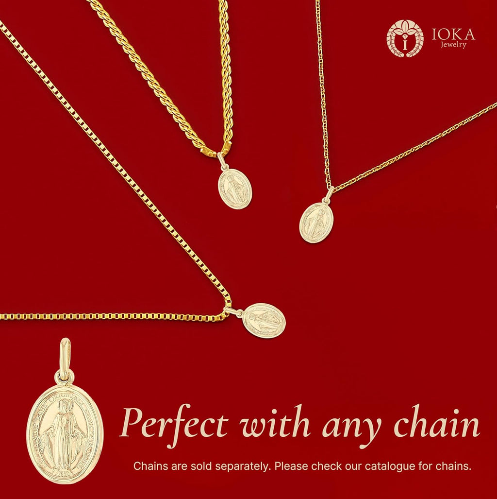 Ioka 14K Solid Yellow Gold Virgin Mary Miraculous Medal Pendant – Classic Catholic Religious Charm Jewelry for Men & Women