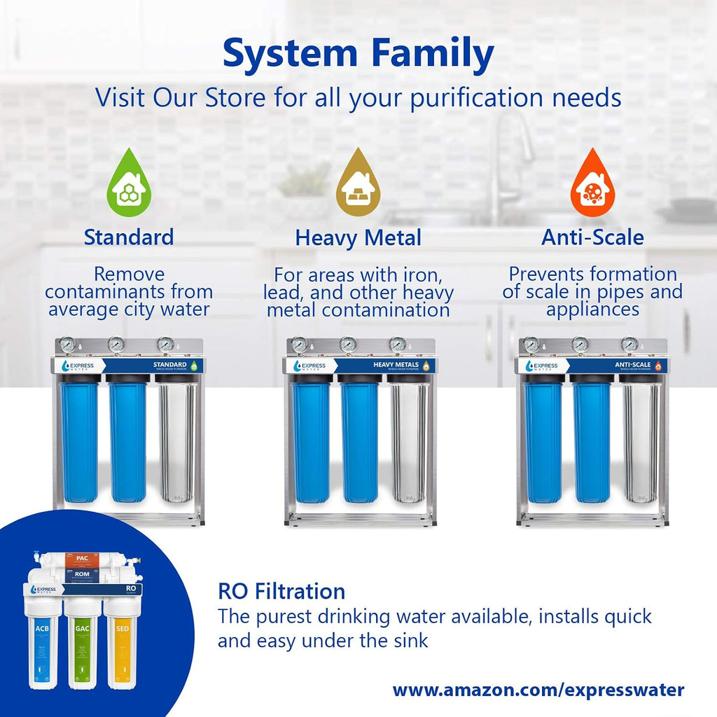 Express Water Whole House Water Filter, 1 Stage Home Water Filtration System, KDF Heavy Metal Filter, Includes Pressure Gauges, Easy Release, and 1 Inch Connections.