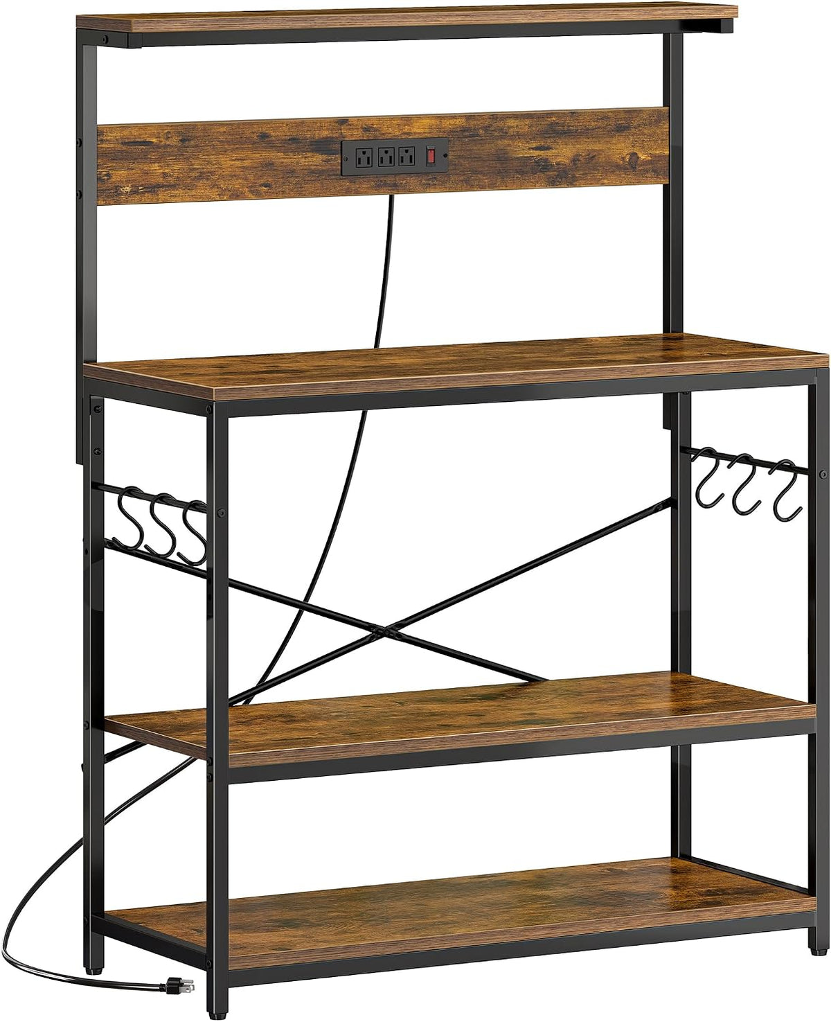 SUPERJARE Bakers Rack with Power Outlets, Microwave Stand, 39.4 X 14.3 Inch Larger Desktop, Kitchen Storage Rack with Adjustable Middle Shelf, 6 S-Shaped Hooks, Coffee Bar Stand, Rustic Brown