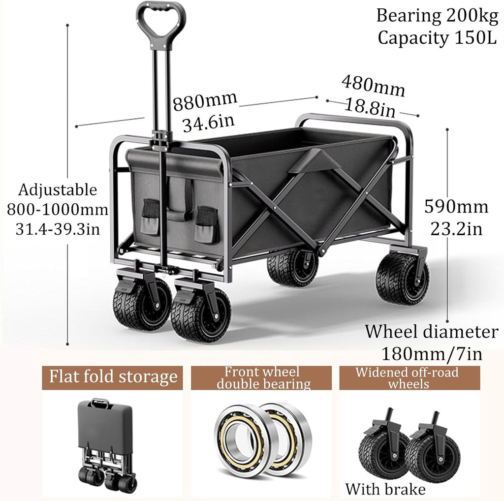 Garden Carts,Black Collapsible Wagon,Sports Outdoor Utility Wagon Folding Garden Wagon Sports Steel Frame Foldable Yard Car with Side Pockets Off-Road Brake Wheel Camping Cart