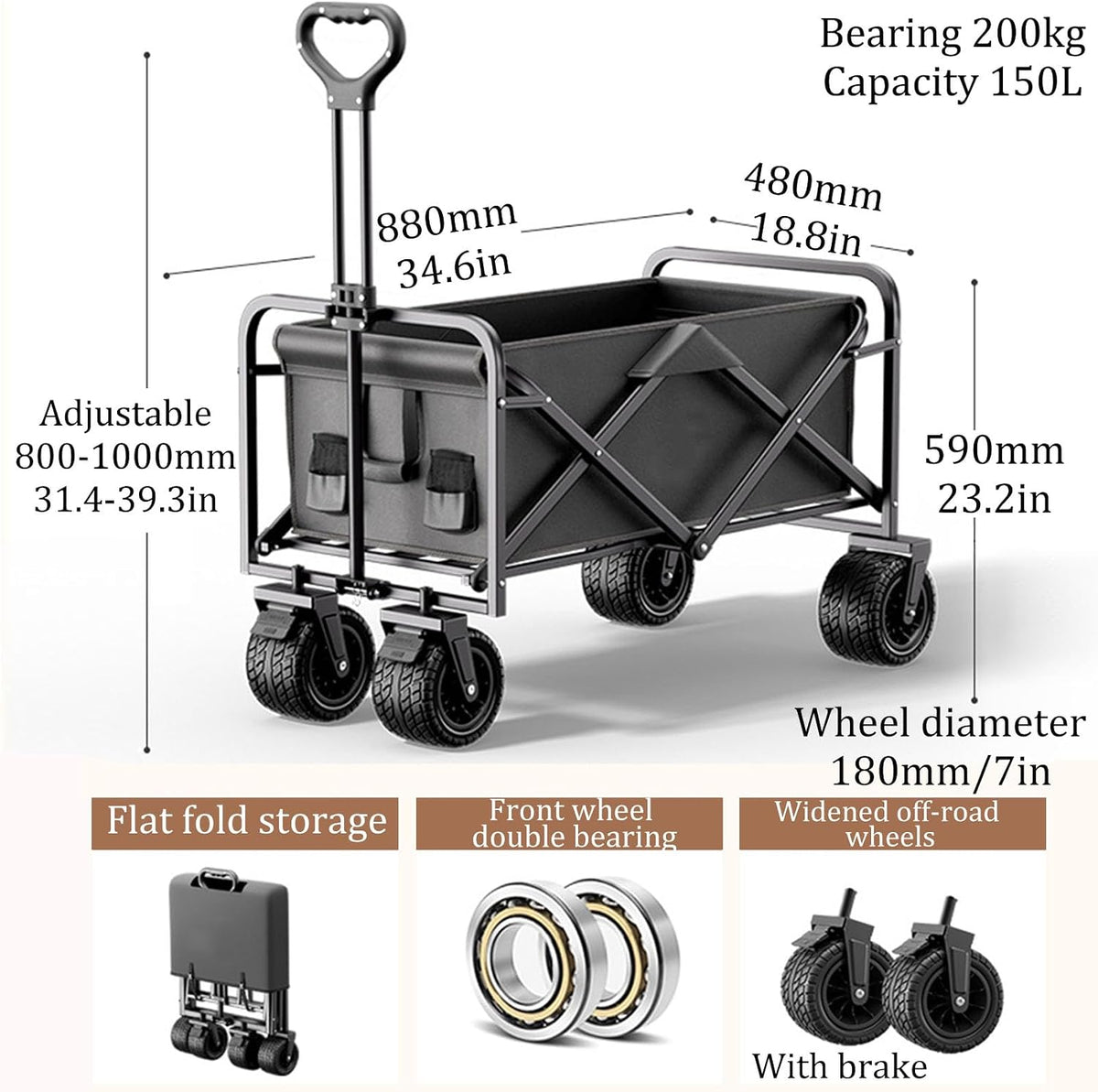 Garden Carts,Black Collapsible Wagon,Sports Outdoor Utility Wagon Folding Garden Wagon Sports Steel Frame Foldable Yard Car with Side Pockets Off-Road Brake Wheel Camping Cart