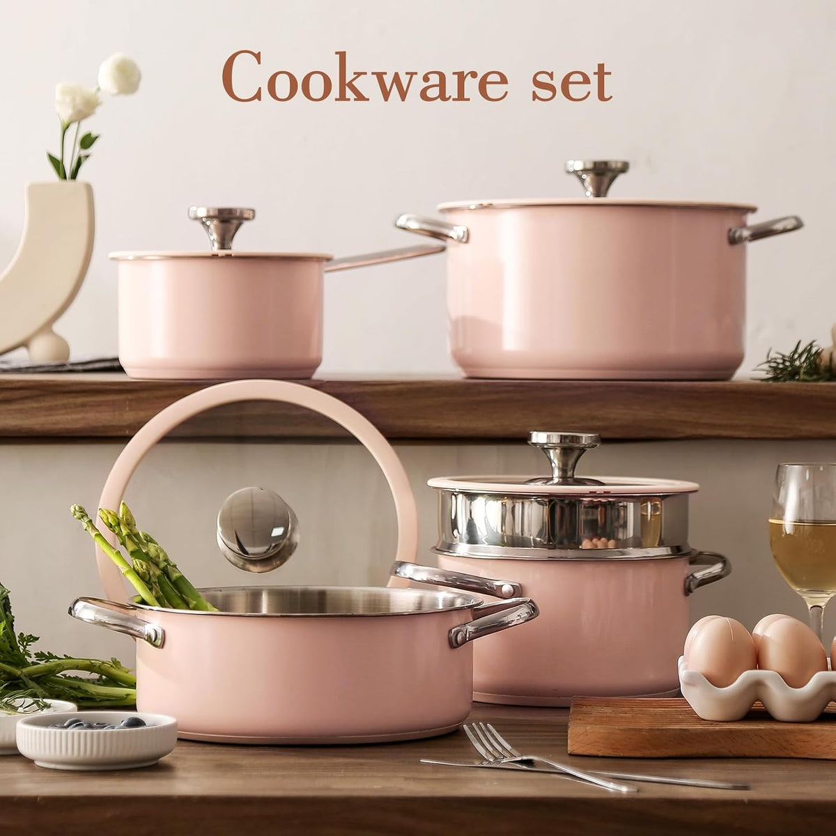 9pcs Stainless Steel Cookware Set for Family Kitchen, 304 Grade, Ceramic Coated Exterior, Induction Compatible Pots and Pans with Glass Lids, Non-Toxic & Easy to Clean,Pink