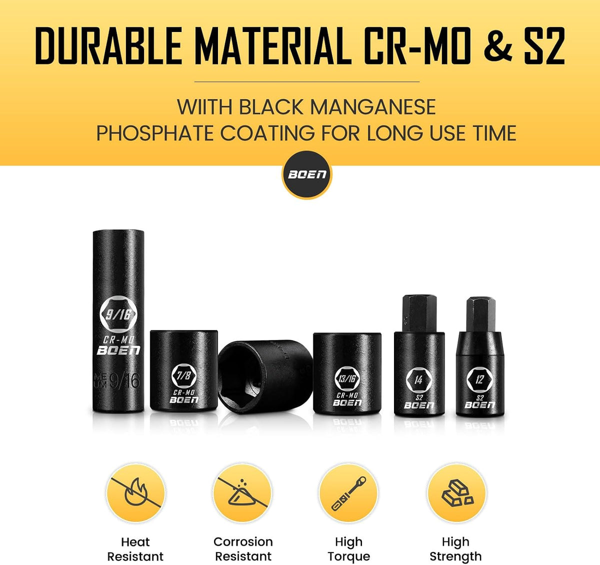 boen 119 Piece Impact Socket Set, 1/2' & 3/8' Drive Socket Set Deep/Shallow SAE/Metric, Cr-MO & S2, 6 Point, Impact Bit, Allen Sockets Included
