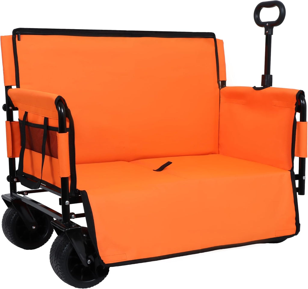 3-in-1 Convertible Folding Wagon Cart with Bench Seat & 180L Storage - 500lbs Heavy-Duty All-Terrain Wagon for Camping, Beach, Sports & Garden Use (Orange)