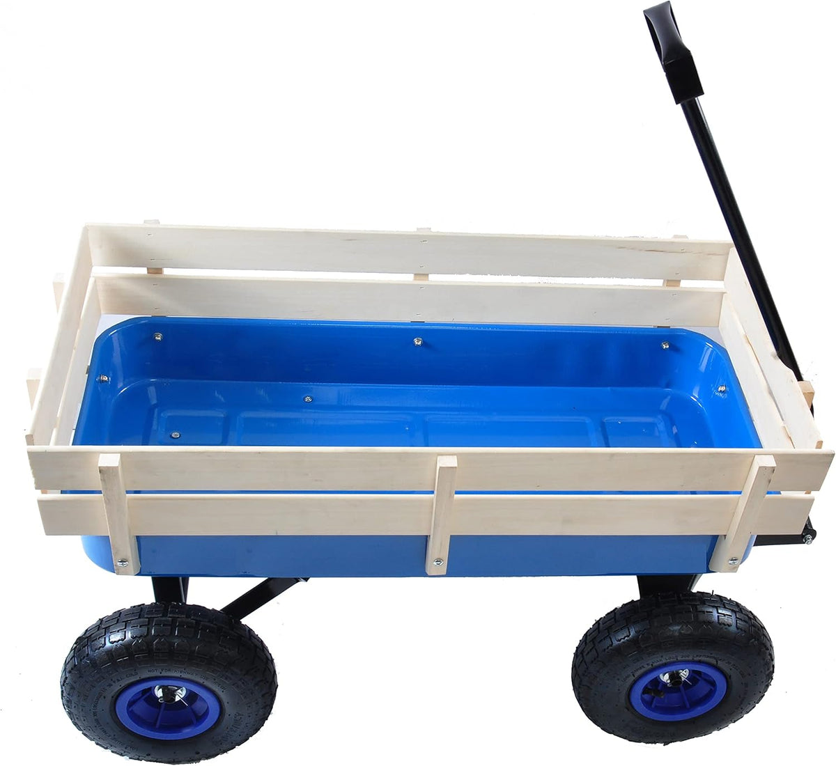 Outdoor Sport All Terrain Pulling Wagon With Removable Wooden Side Panels, Air Tires, Big Foot Panel, Sturdy Steel Bed, Kids' Pull-Along (Blue)