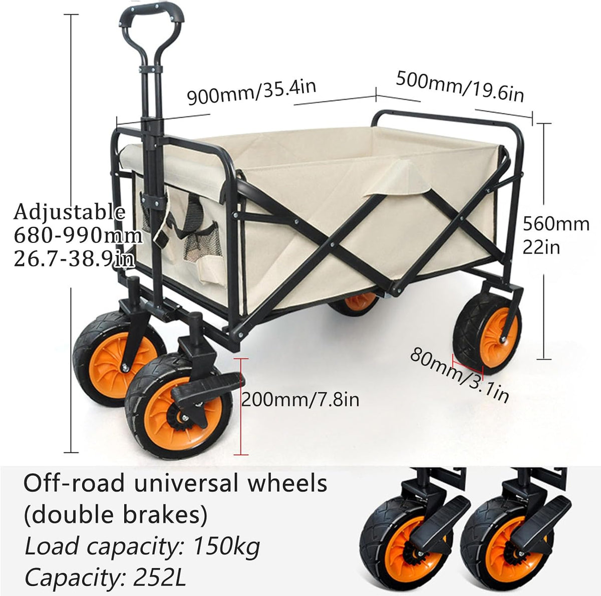 Beige Garden Carts,Collapsible Wagon,Sports Outdoor Utility Wagon Folding Garden Wagon Sports Steel Frame Foldable Yard Car with Side Pockets Off-Road with Brakes Camping Cart