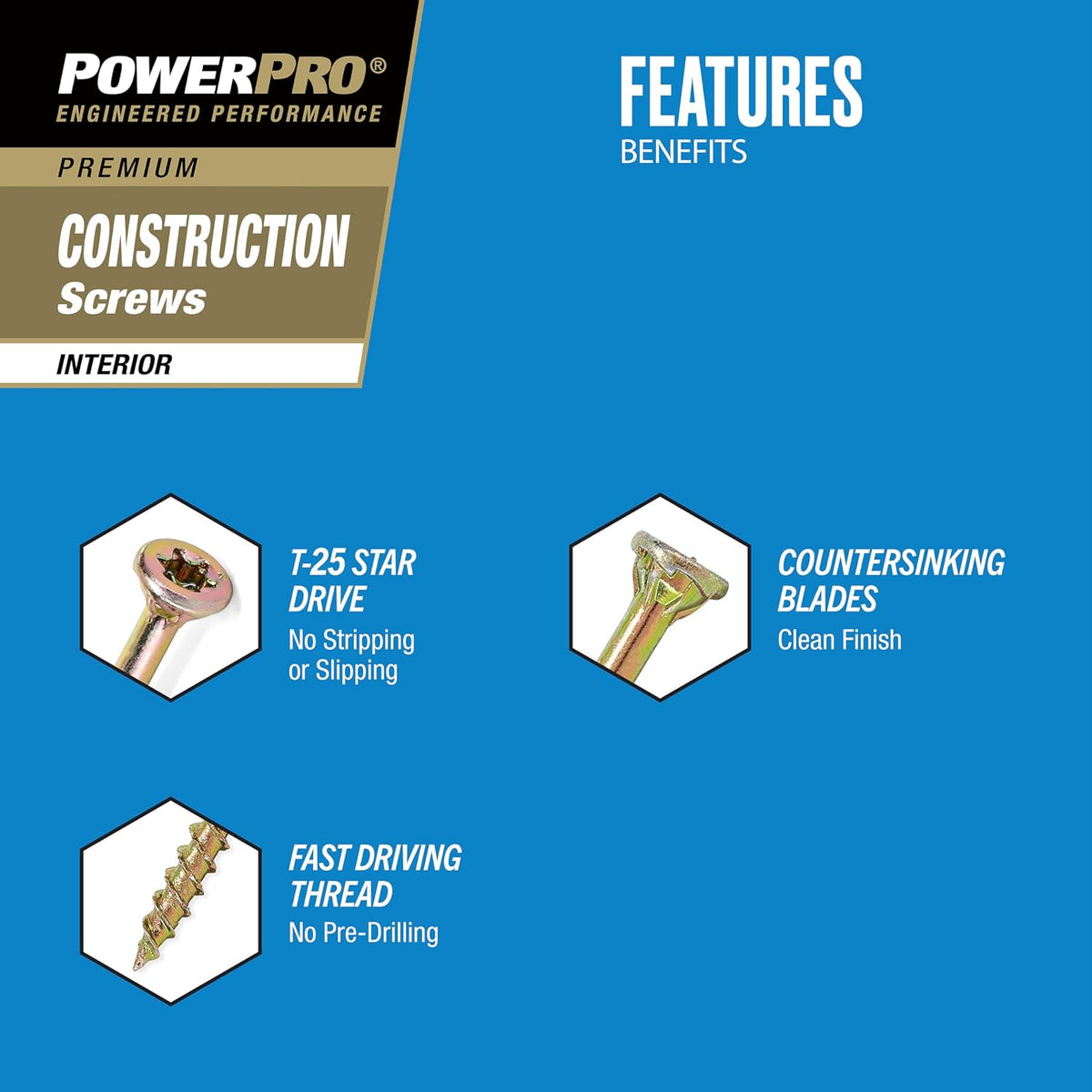 Power Pro 6000 Pc Interior Wood Screws (#8 x 1-1/4') | Star Drive Flat Head Fastening Screws | No Split Twist Shank Wood Screws for Framing Trim Cabinetry Interior Use