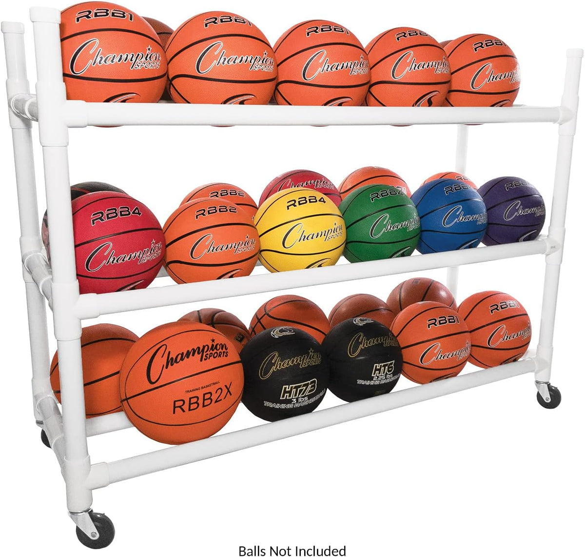 Champion Sports Three Tier Basketball Storage Cart with Locking Swivel Caster Wheels, 30 Ball Capacity (White)