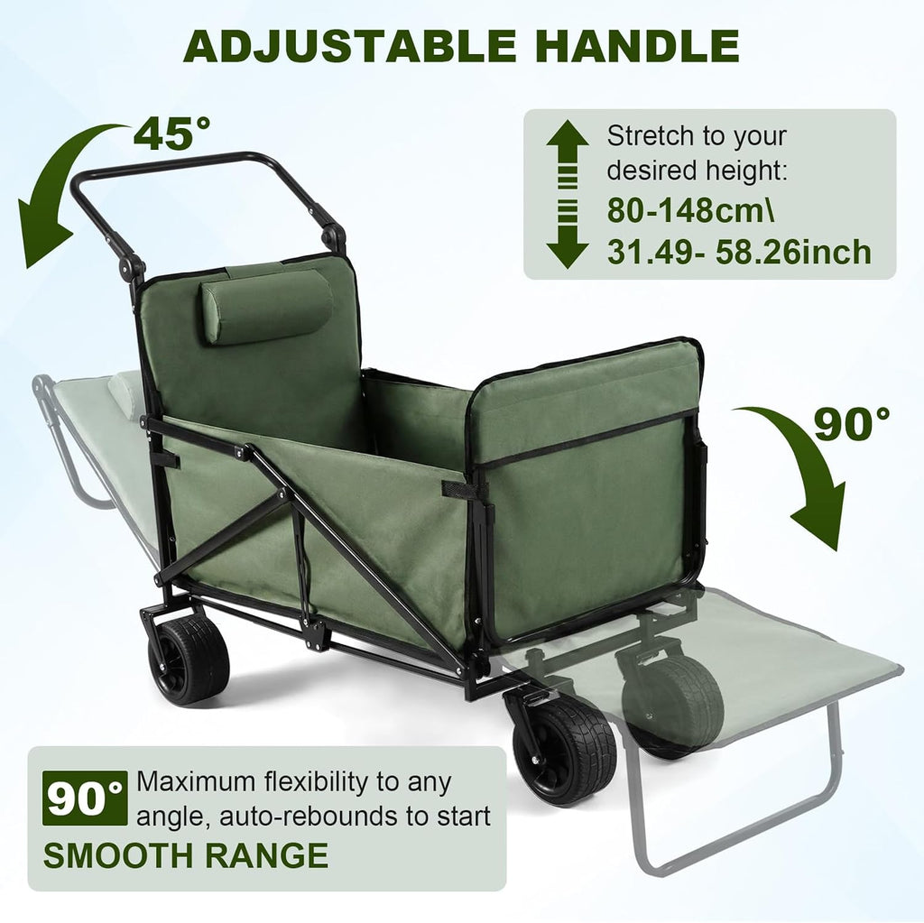 2-in-1 Folding Wagon Carts, Heavy Duty Wagon, 440lbs Capacity, Utility Beach Chair, Shopping Cart with All-Terrain Wheels for Shopping, Beach, Camping, Sports, Garden