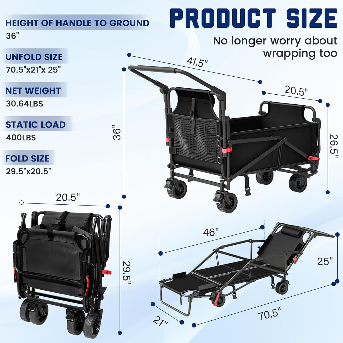 LEVELEVE Heavy Duty Folding Wagon - 2-in-1 Collapsible Cart, 400lb Capacity, All-Terrain Wheels w/Brakes & Side Pockets (Black)
