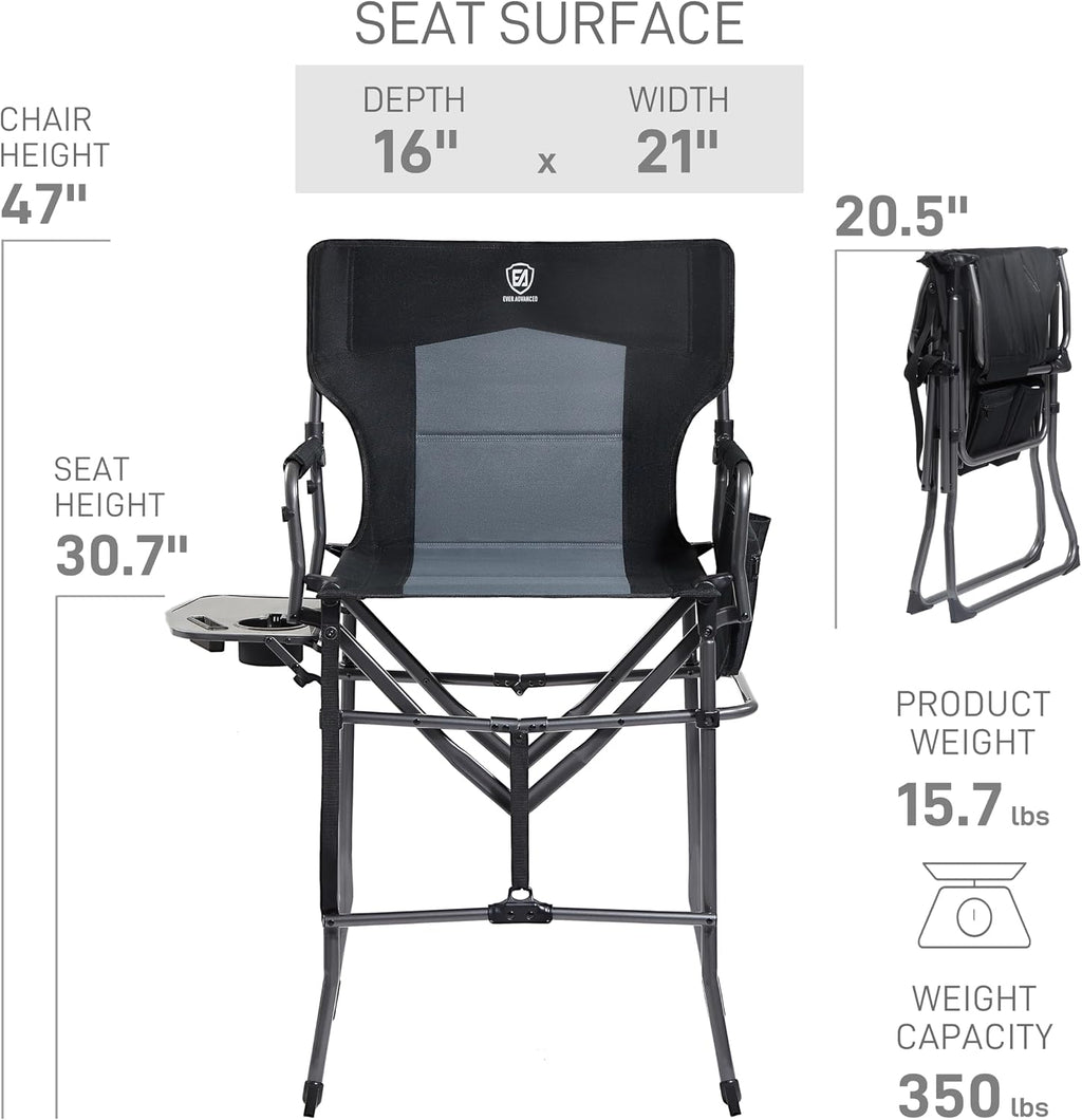 EVER ADVANCED 2 Piece Portable 30.7' Seat Height Tall Folding Camping Chair Directors Chair High with Side Table for Makeup Artist, Sports Event, Craft Show, Supports 350LBS