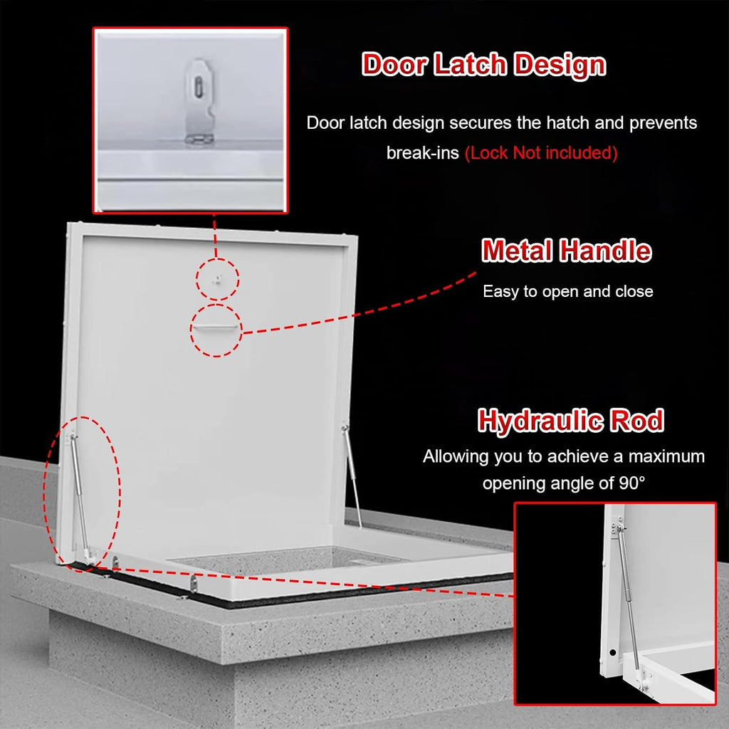 White Ceiling Hatch Lid with Hasp Latch & Gas Shock Strut, Large Building Roof Access Hatch Door, Heavy Duty Manhole/Cellars Exit Cover Plate for Repairs(Inner-L*W-21.7x19.7in/55x50cm)