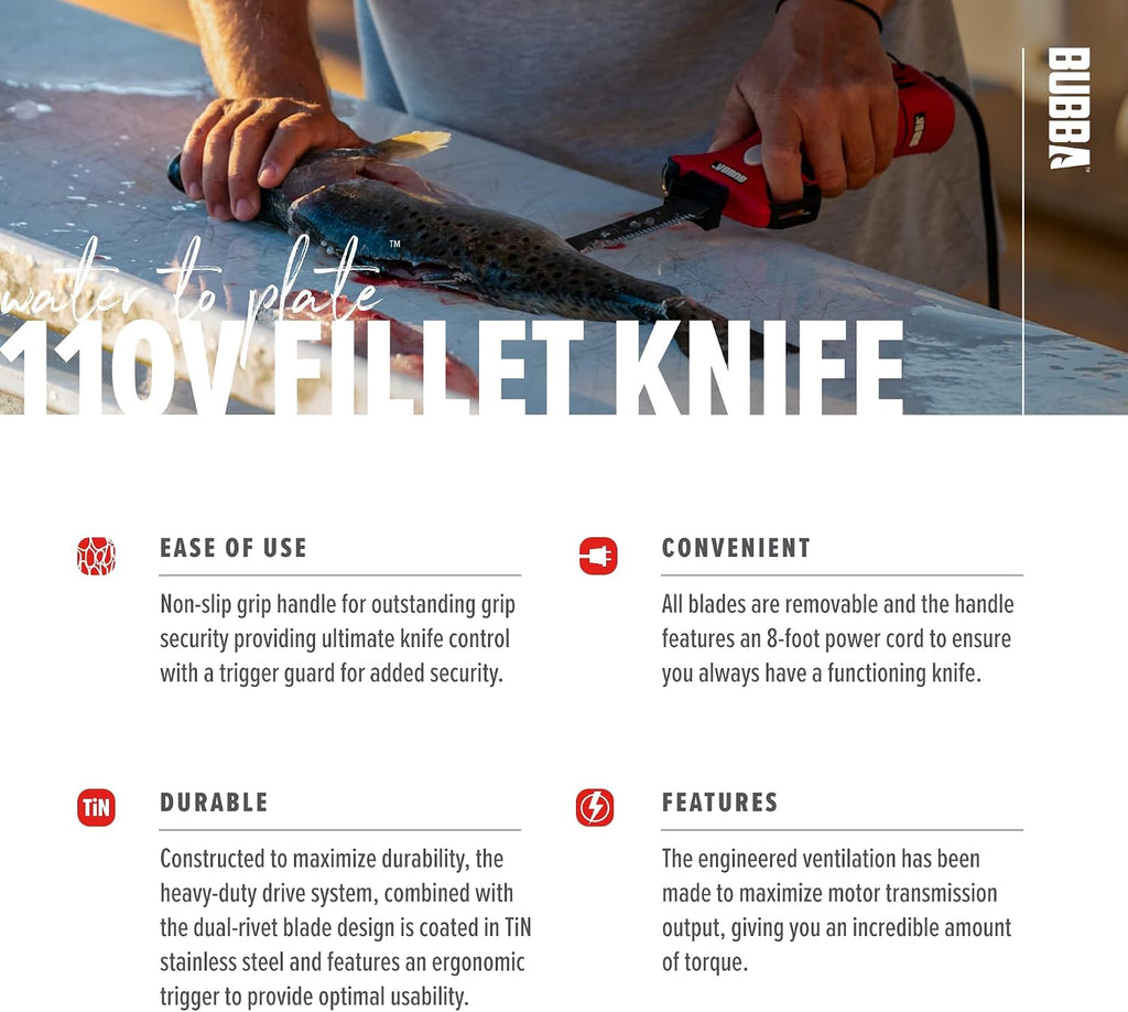BUBBA 110V Electric Fillet Knife with Non-Slip Grip Handle, 4 Ti-Nitride S.S. Coated Non-Stick Reciprocating Blades, 8' Cord and Storage Case for Fishing