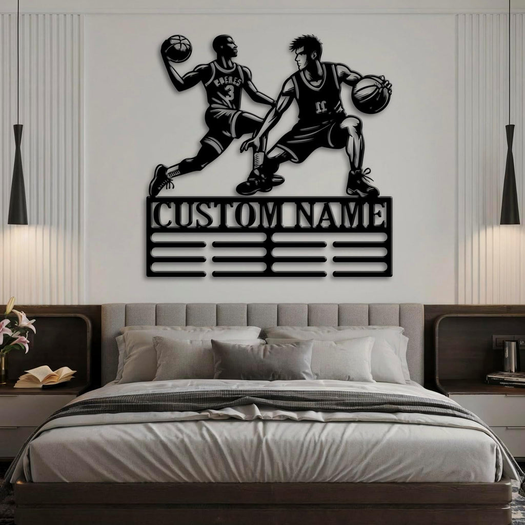 Custom Basketball Medal Holder LED Light, Basketball Player Name Medal Hanger Display, Rack For Tiered Award Ribbon, Metal Sign Gift For Athlete