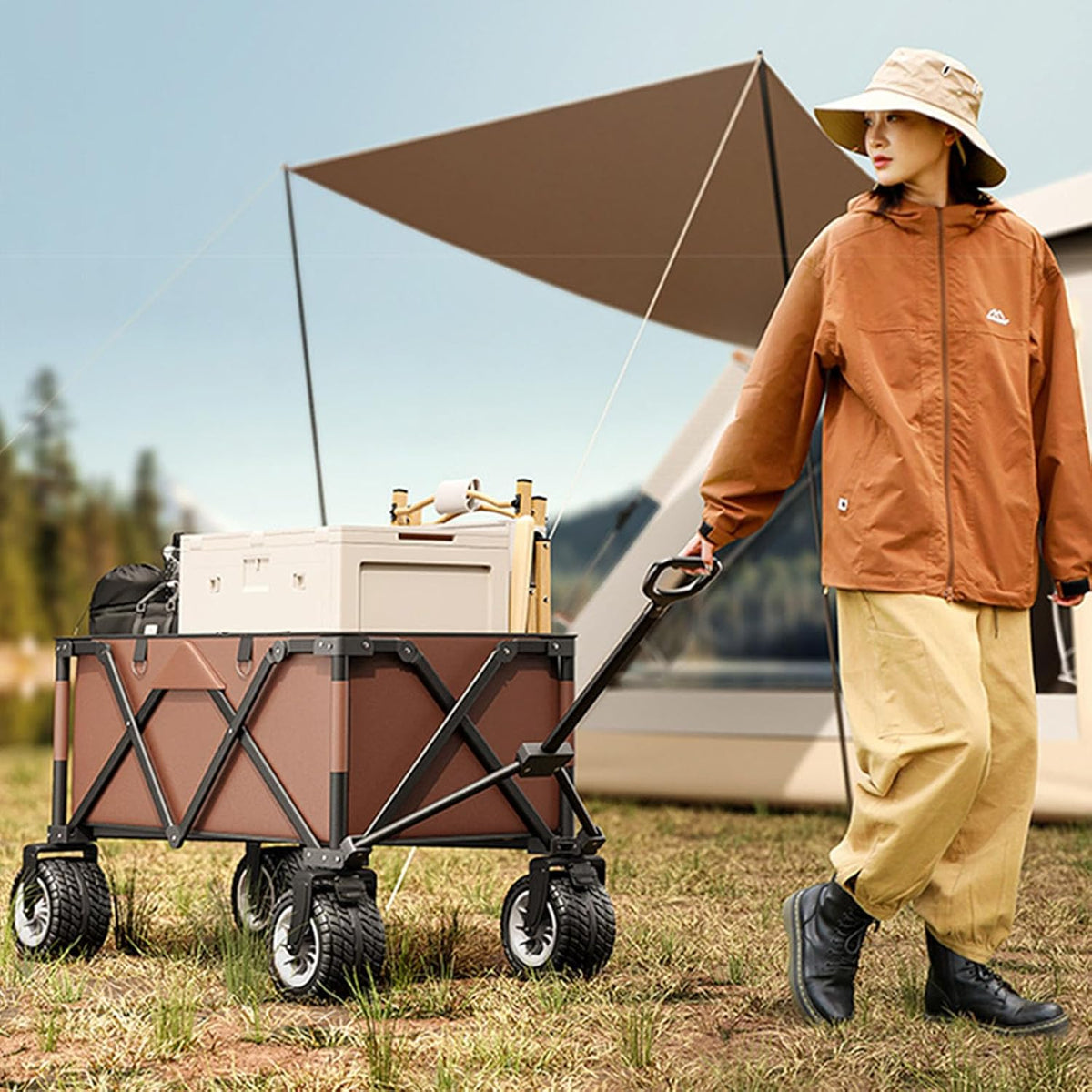 Coffee Color Garden Carts,Collapsible Wagon,Sports Outdoor Utility Wagon Folding Garden Wagon Foldable Table Board Foldable Yard Car Off-Road Wheels with Brakes Camping Cart
