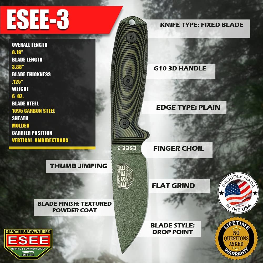 ESEE-3 1095 Carbon Steel, Black Sheath (OD Green Blade, OD Green/Black G-10 3D Handle)