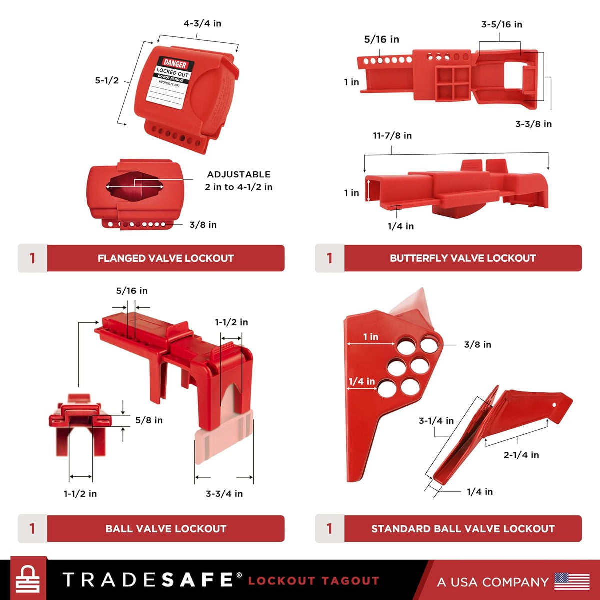 TRADESAFE Valve Lockout Tagout Kit - 55 Loto Devices, Ball, Butterfly, and Gate Valve Lockout Devices, Loto Locks, Cable Lock, Hasps, Tags, OSHA Compliant