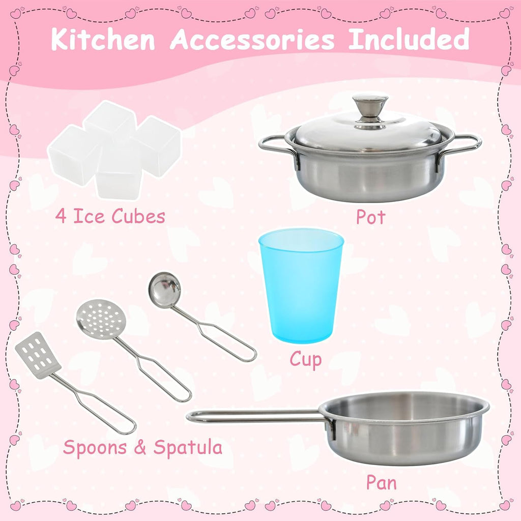 MAT EXPERT Kids Kitchen Playset, Wooden Chef Pretend Toy Kitchen w/Chalkboard, Ice Maker, Cookware Accessories, Telephone, Oven, Microwave, Play Kitchen for Toddlers, Gift for Boys Girls 3+ (Pink)
