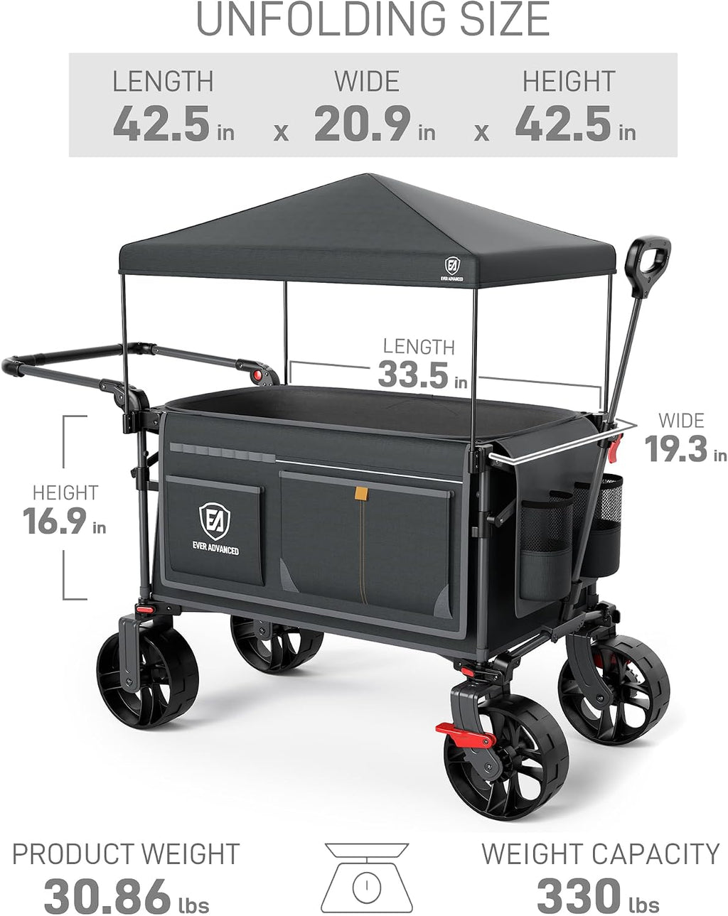 EVER ADVANCED Folding Push Wagon with Canopy, Portable Shopping Cart with Brakes, Collapsible Wagon Cart with All-Terrain Big Wheels for Camping, Beach, Sports