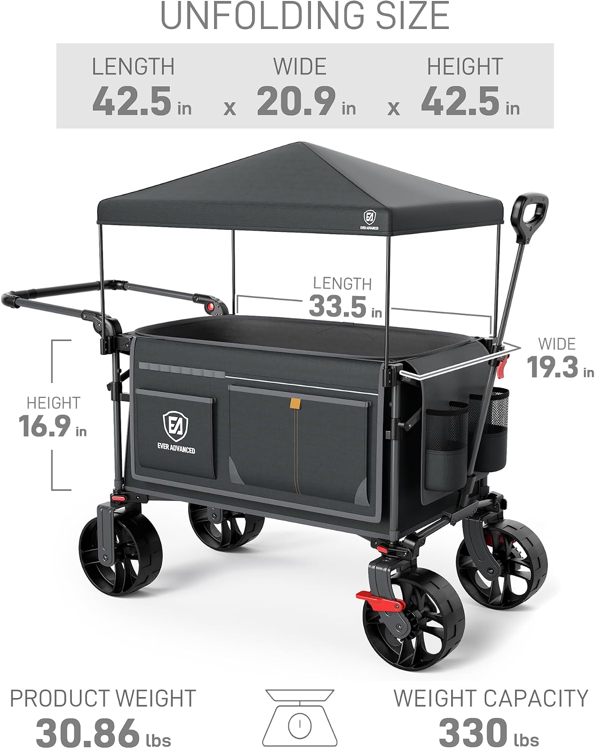 EVER ADVANCED Folding Push Wagon with Canopy, Portable Shopping Cart with Brakes, Collapsible Wagon Cart with All-Terrain Big Wheels for Camping, Beach, Sports