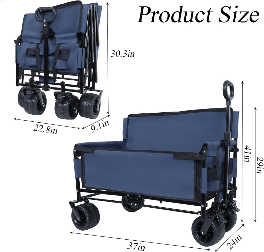 3-in-1 Convertible Folding Wagon Cart with Bench Seat & Storage - 500lbs Heavy-Duty Utility Wagon, 180L Capacity All-Terrain Wheels for Camping, Beach, Sports, Garden (Blue)