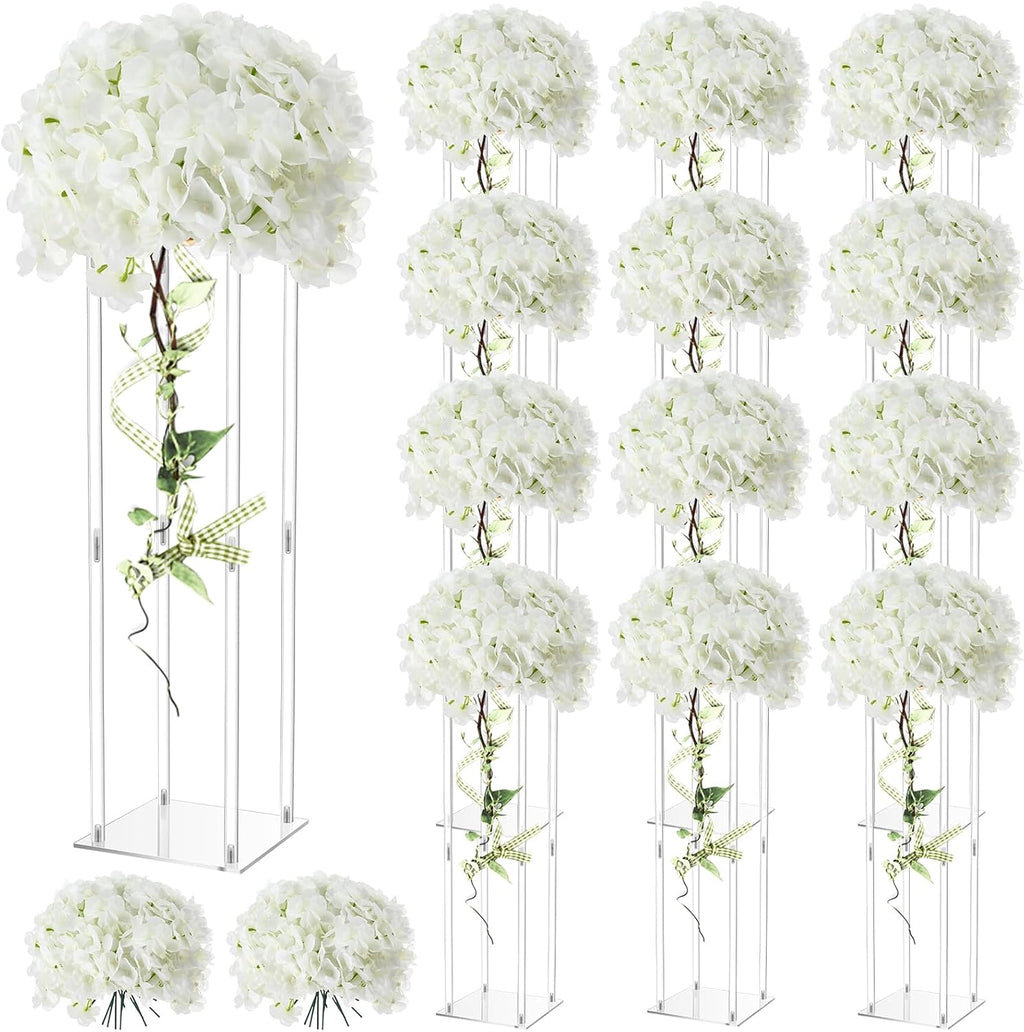 Geetery Tall Acrylic Wedding Flower Stand Centerpieces Clear Elegant Vase Column Stand with Artificial Hydrangea Flowers for Wedding Party Table Home Decorations(12 Pcs,20 Inch)