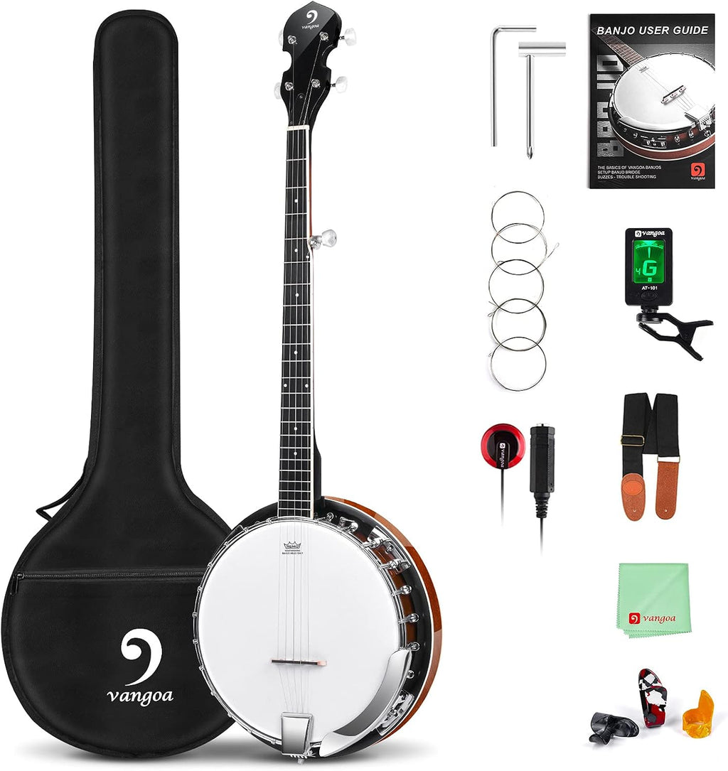 Vangoa LEFT-HANDED Banjo 5 String Mahogany Open Back Banjo with Resonator, Remo Drum Head, Geared 5th String Beginner Kit with Manual, Full Size