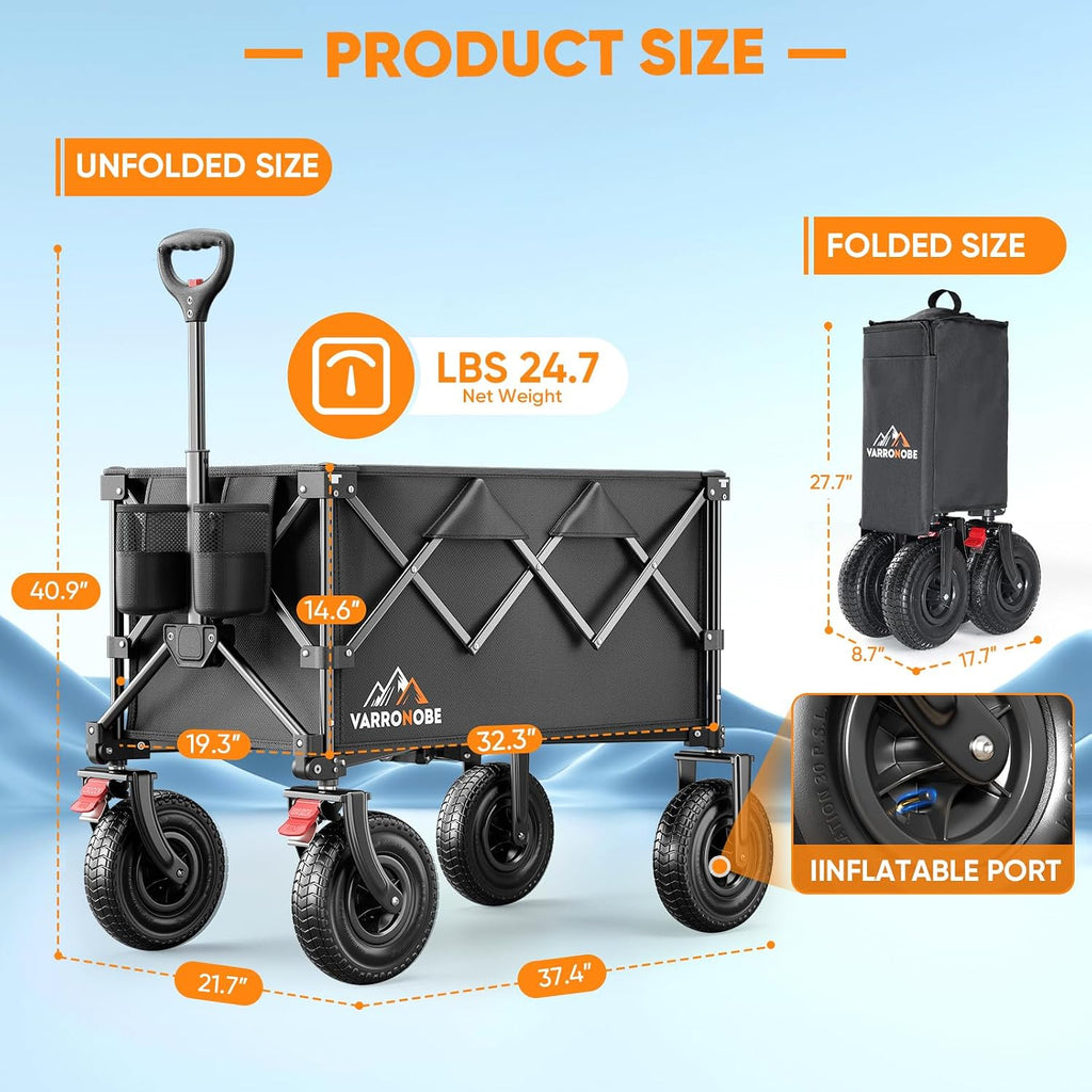 Big Rubber Wheels Beach Wagon Cart Foldable, 9x3 All-Terrain Wheels, Heavy Duty Collapsible Utility Wagon with 330lbs Capacity, Compact Storage, Easy Transport for Sand Camping Sports, Black