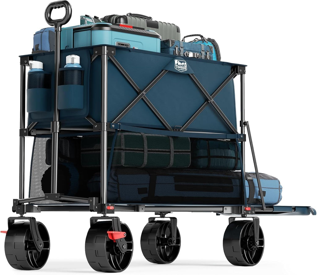 TIMBER RIDGE 400L Large Capacity Folding Double Decker Wagon with Brakes, 54' Extra Long Extender Wagon Cart, 450lbs Heavy Duty Collapsible Cart, All-Terrain Big Wheels for Camping, Sports, Shopping