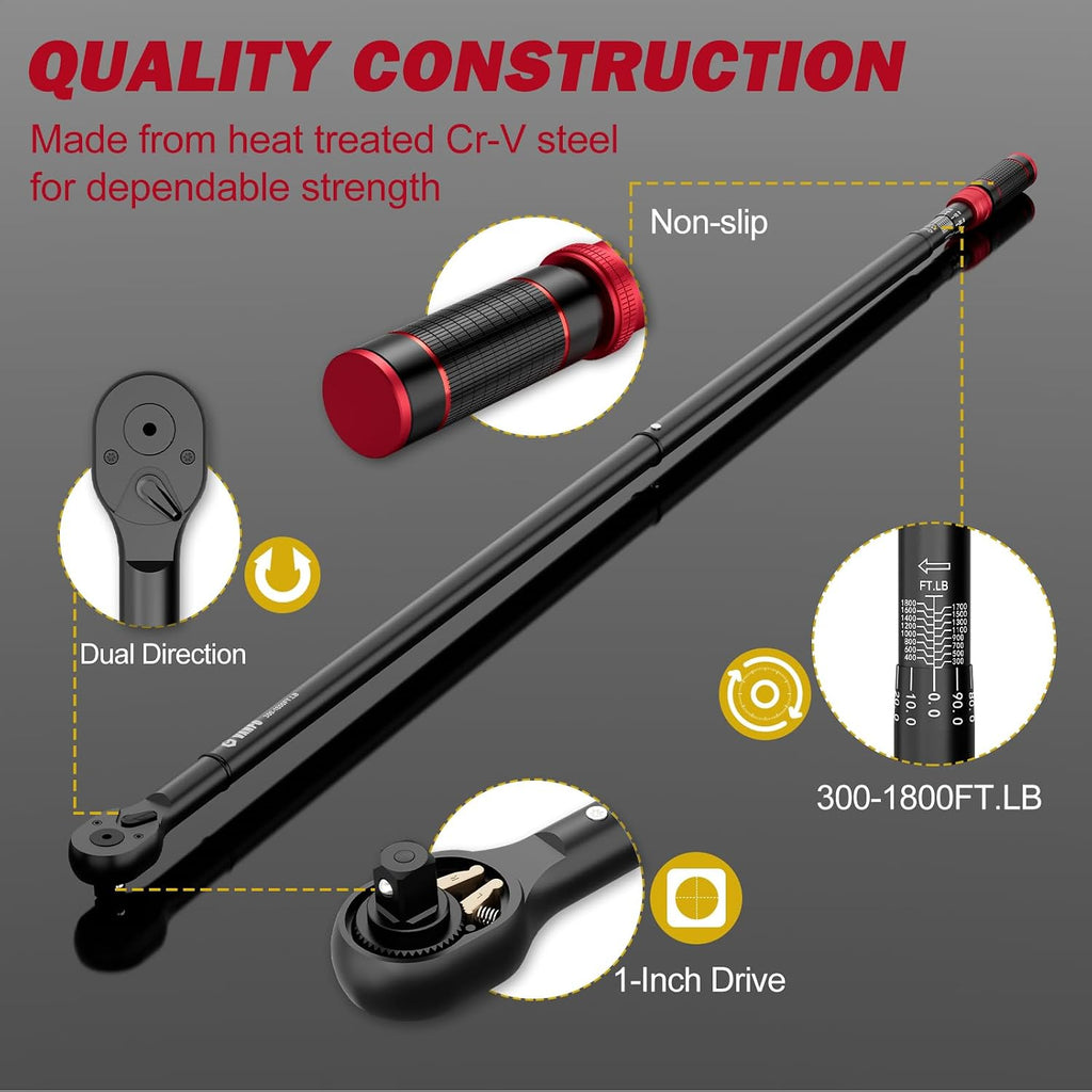 VANPO 1-Inch Drive Click Torque Wrench, 300-1800 Ft-Lb/406.5-2439.0 Nm, 70.87' Length, 24-Tooth, Heavy-Duty Click Torque Wrench Set with Hex Key for Trucks,Excavator, Engines