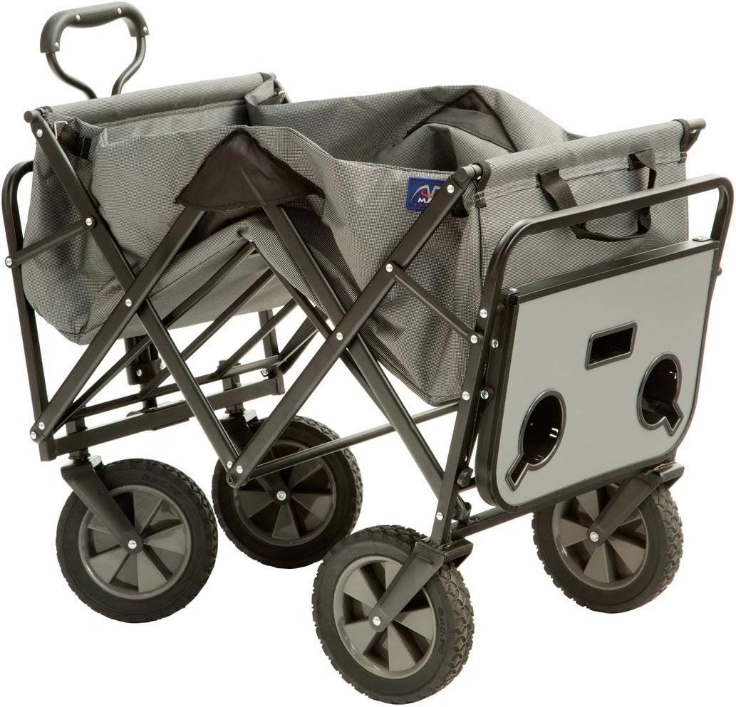 MacSports Heavy Duty Collapsible Outdoor Folding Utility Cart with Adjustable Rolling Wheels - All Terrain Sports & Beach Wagon with Side Table