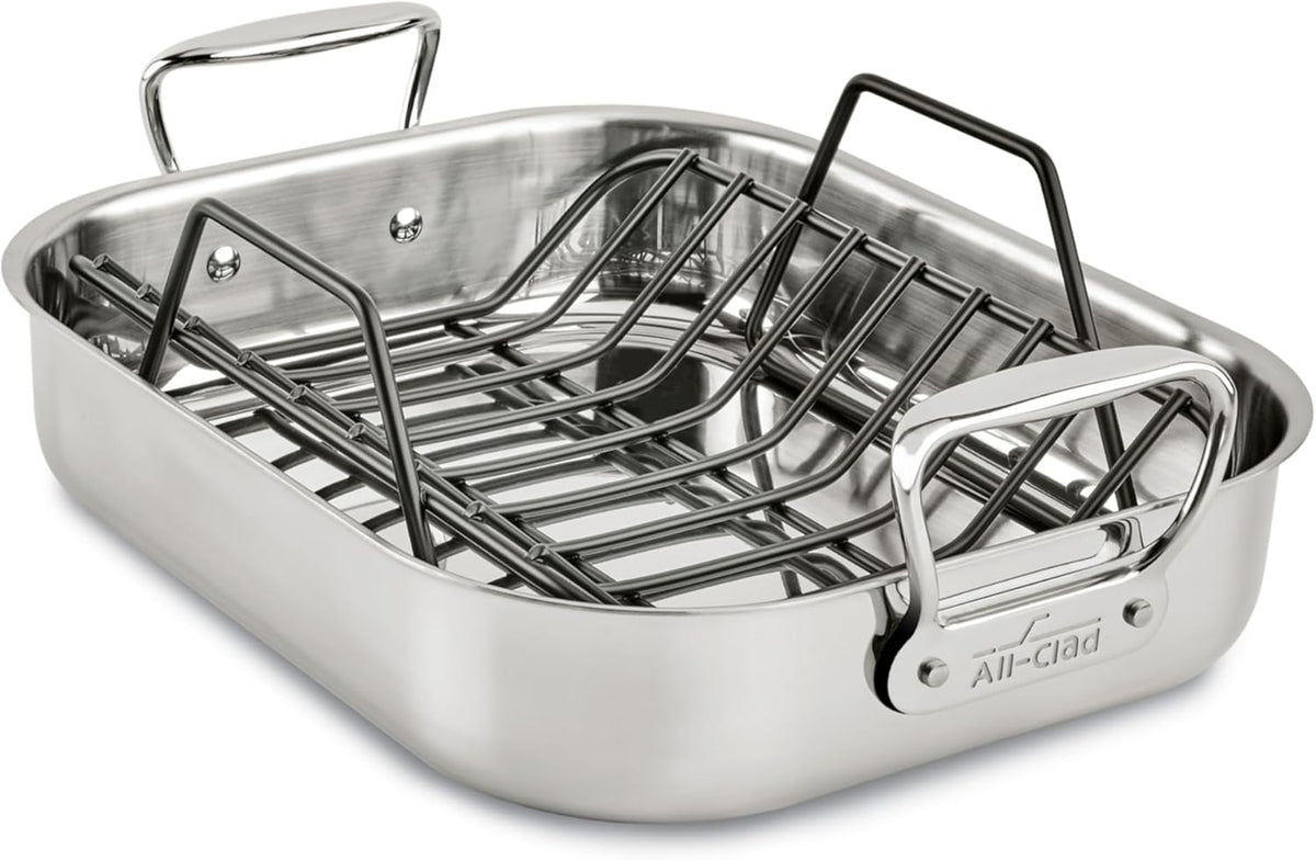 All-Clad Specialty Stainless Steel Roaster with Nonstick Rack 11x14 Inch Oven Broiler Safe 600F Roaster Pan, Pots and Pans, Bakeware, Silver
