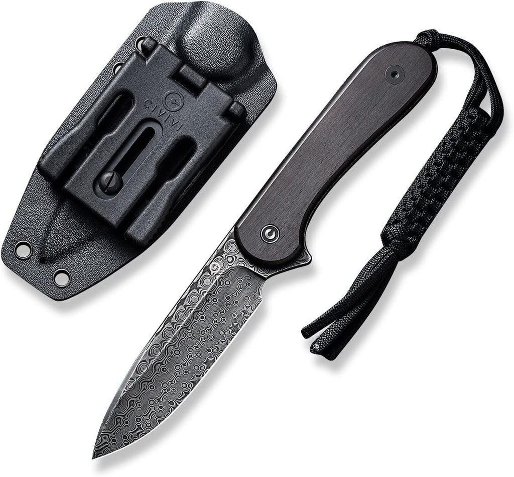 CIVIVI Fixed Blade Elementum Knife 3.98' Damascus Blade, Black Ebony Wood Handles, Belt Knife with Kydex Sheath, Tied Paracord Lanyard, Clip for Outdoor EDC C2105-DS1