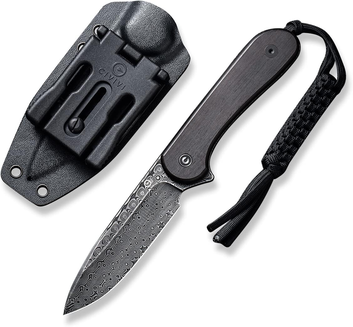CIVIVI Fixed Blade Elementum Knife 3.98' Damascus Blade, Black Ebony Wood Handles, Belt Knife with Kydex Sheath, Tied Paracord Lanyard, Clip for Outdoor EDC C2105-DS1