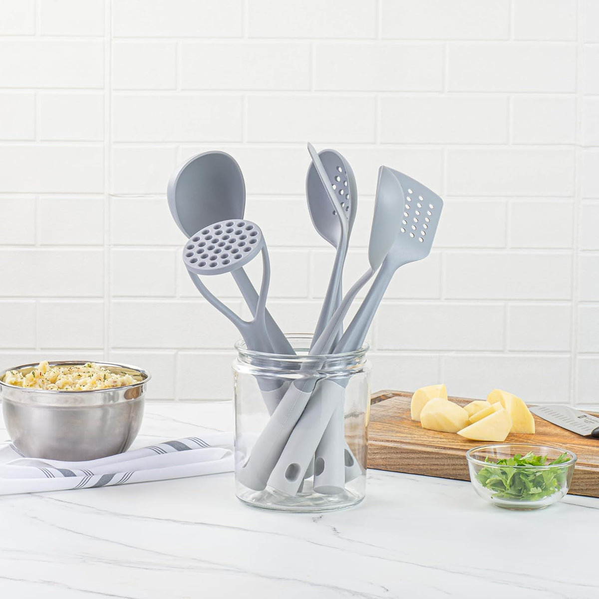 Restaurantware Silicone Utensil Set Pack of 10 Non-Slip Handle 6-Piece Nylon Kitchen Tool Set, Heat-Resistant Dishwasher-Friendly Cooking Accessories, Durable Gray and White Cooking Utensils