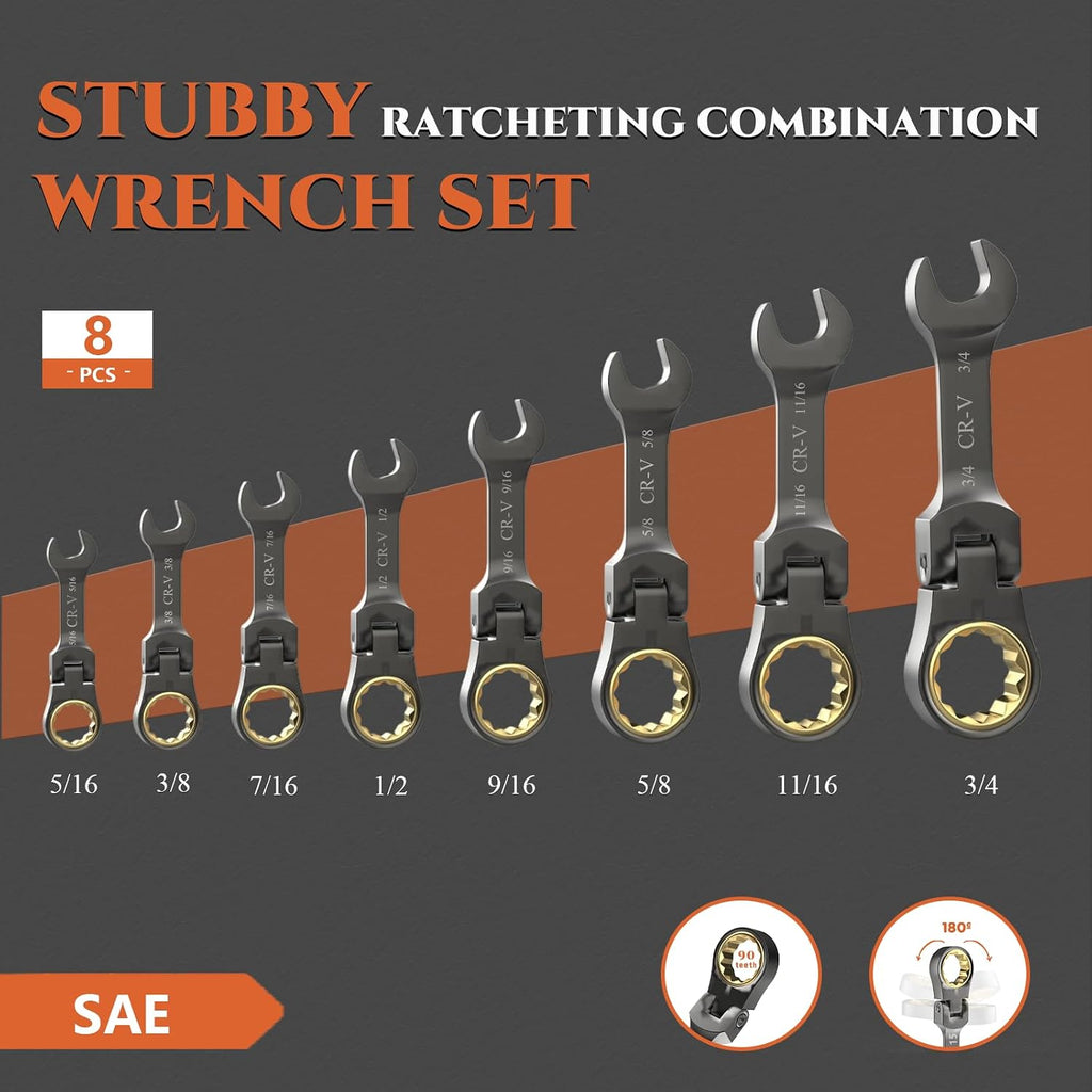 SUZUME 8PCS SAE Stubby Wrenches Set & 24PCS Metric and SAE Flex Head Ratcheting Wrench set 6PCS (8-19mm)