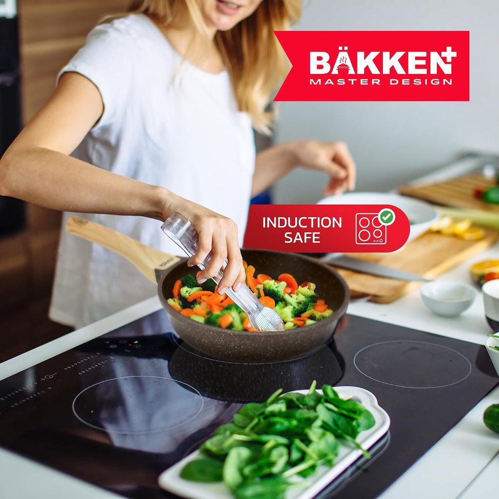 Bakken Master 20 Piece Cookware Set - Pots and Pans with Handle Grips and Tempered Glass Lids, With 6-piece Bakeware Set, Nonstick Granite Coating, Ceramic Max Temperature (Up To 500°F), Brown Marble