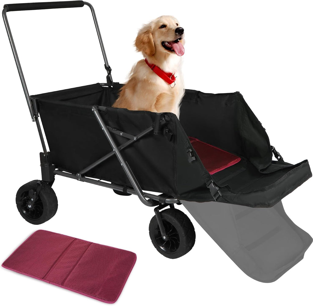 REDCAMP Collapsible Beach Wagon Dog Stroller with Tailgate, 330lbs Heavy Duty Folding Utility Beach Cart with Pad for Sand Camping Sports Shopping, Black