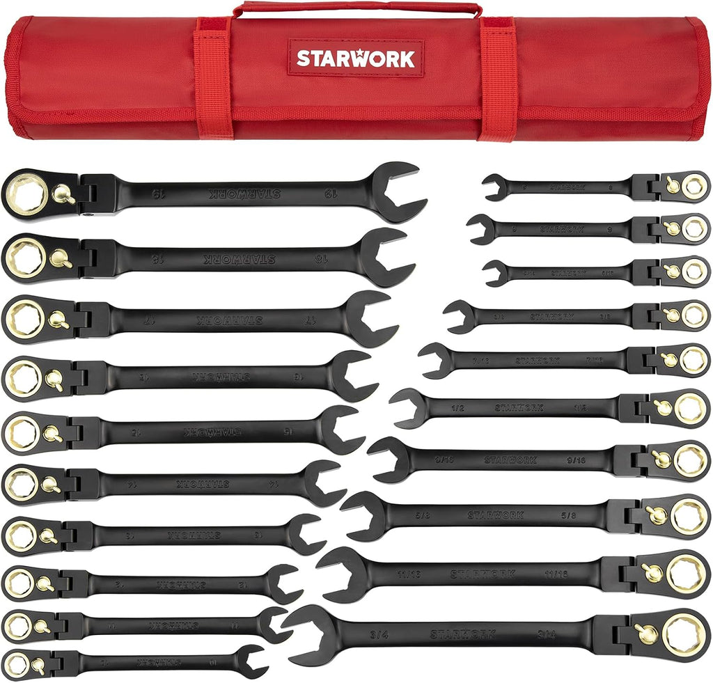 STARWORK TRUE MECHANIC™ 20 Pc. 120-Tooth Flex-Head Reversible Ratcheting Wrench Set, Combination Ratchet Wrench Set, Anti-Slip, Long Pattern, 6-Point, Professional, SAE/Metric