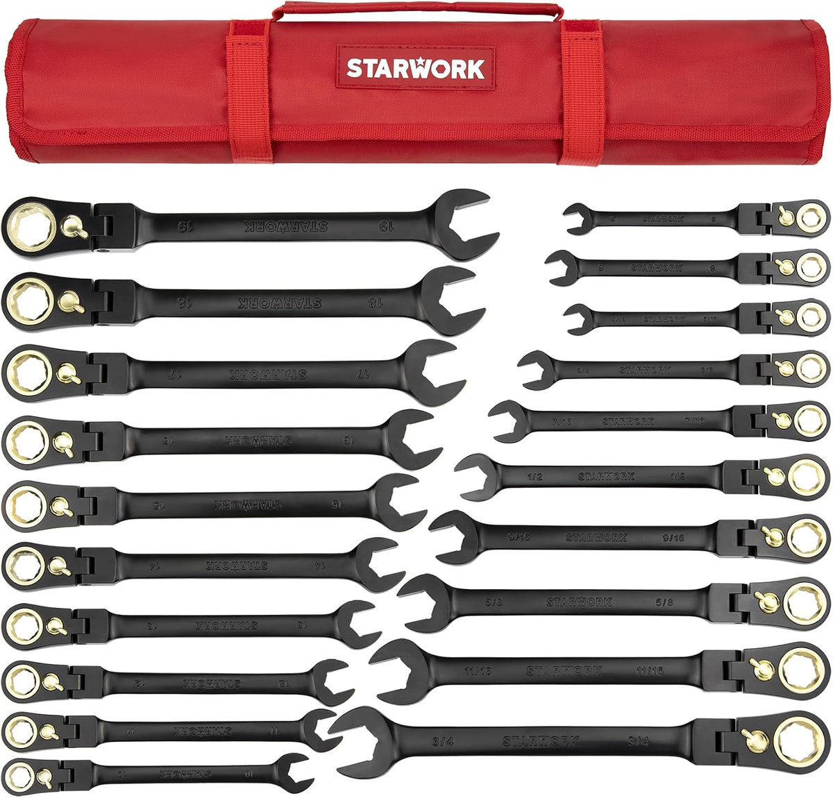 STARWORK TRUE MECHANIC™ 20 Pc. 120-Tooth Flex-Head Reversible Ratcheting Wrench Set, Combination Ratchet Wrench Set, Anti-Slip, Long Pattern, 6-Point, Professional, SAE/Metric