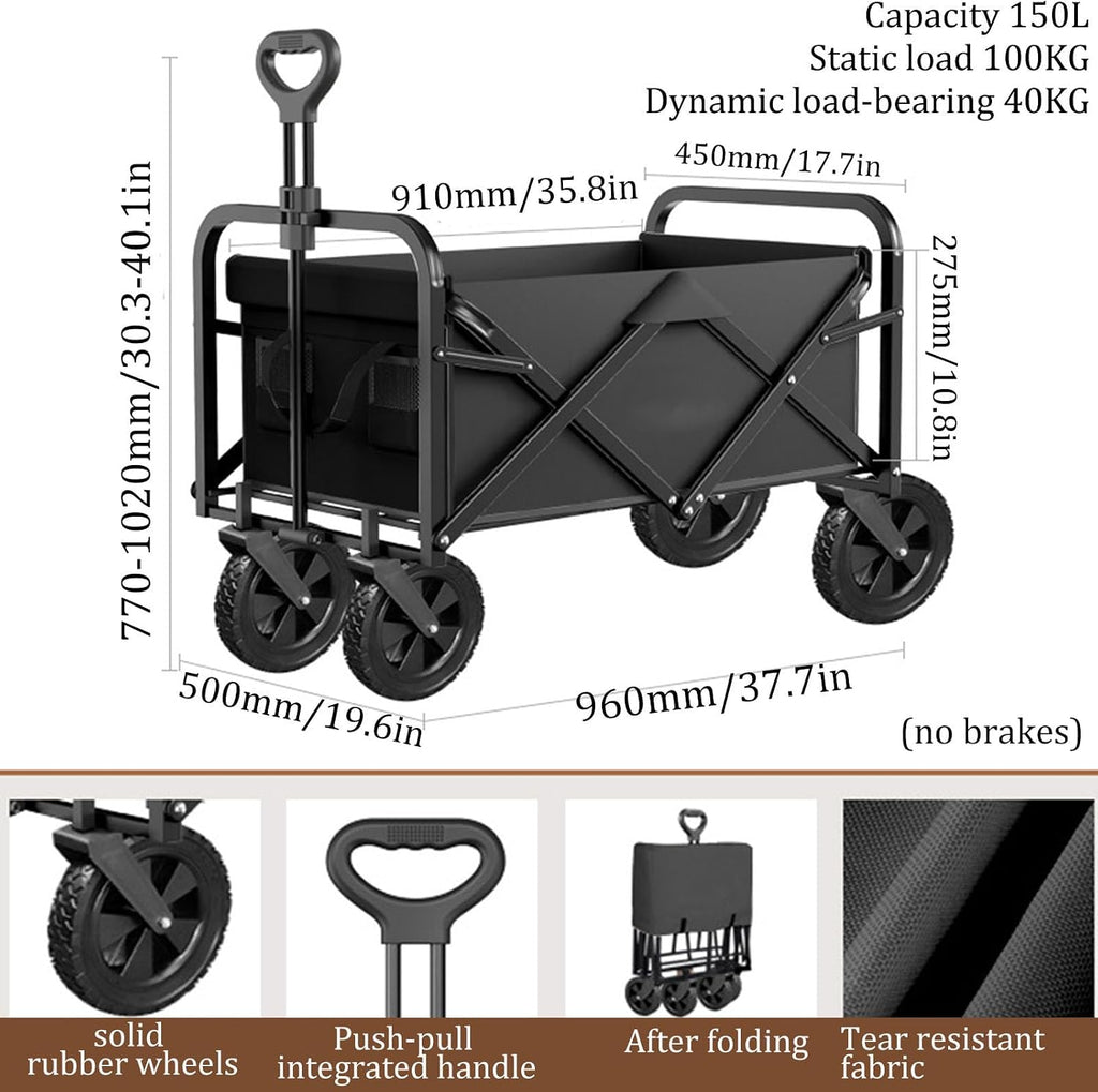 Black Garden Carts,Brown Collapsible Wagon,Beige Coffee Color Sports Outdoor Utility Wagon Folding Bearing 100Kg Garden Wagon Sports Heavy Duty Steel Frame Foldable Yard Car