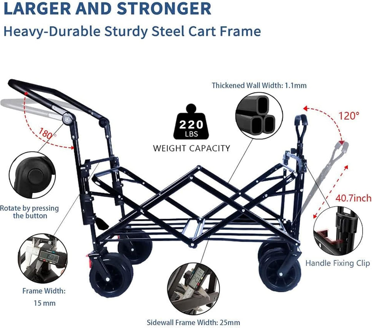 Collapsible Wagon Heavy Duty Folding Wagon Cart with Removable Canopy, 4' Wide Large All Terrain Wheels, Brake, Adjustable Handles,Cooler Bag Utility Carts for Outdoor Garden Wagons Carts Beach Cart