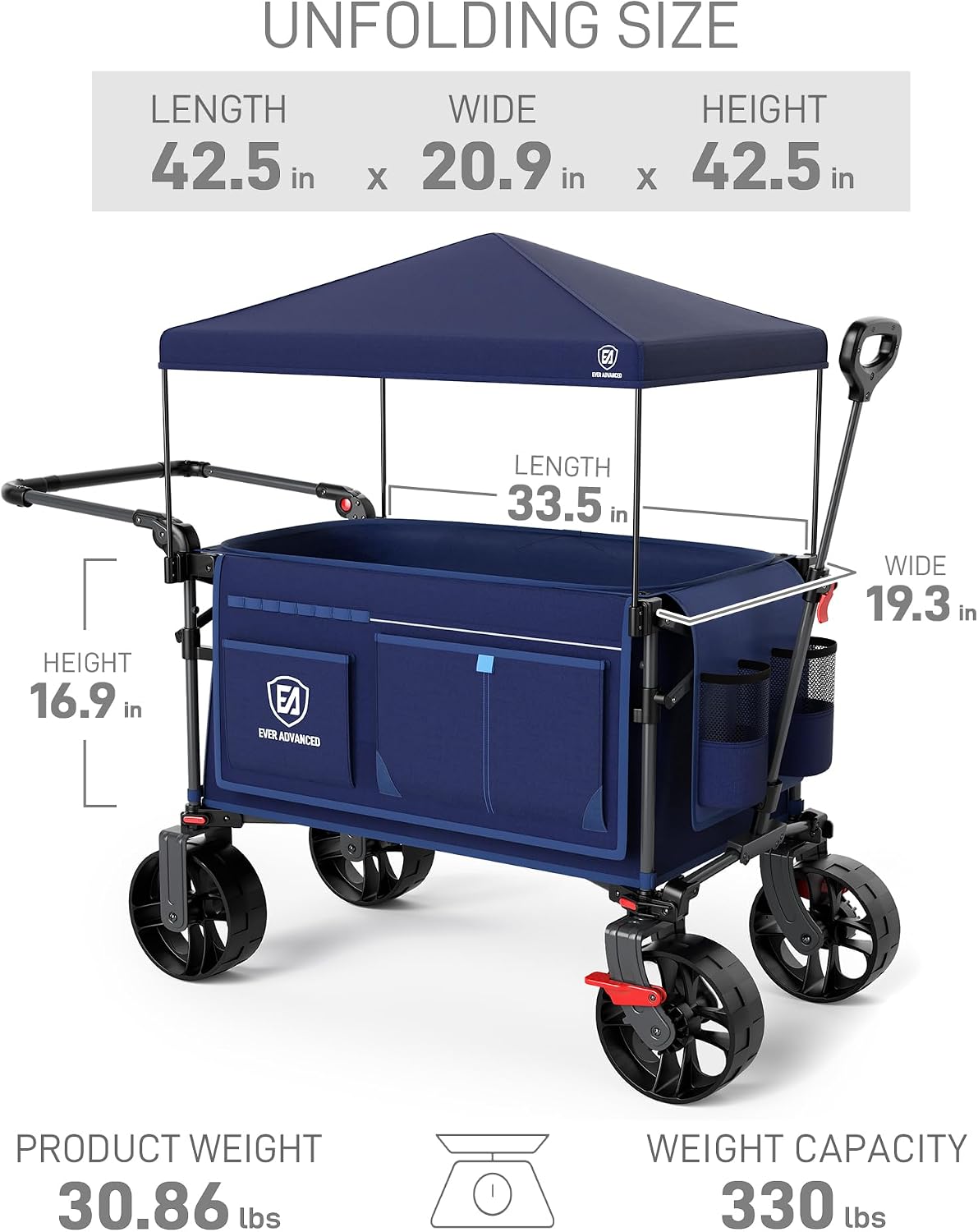 EVER ADVANCED Folding Push Wagon with Canopy, Portable Shopping Cart with Brakes, Collapsible Wagon Cart with All-Terrain Big Wheels for Camping, Beach, Sports