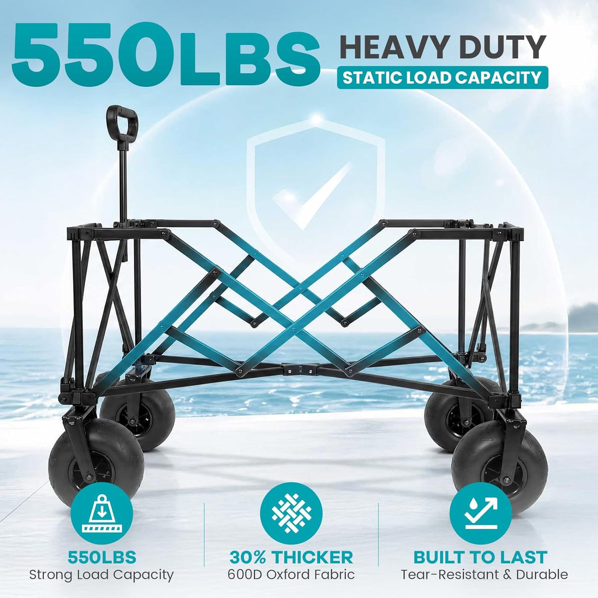 FUNDANGO Heavy Duty Beach Wagon with 9' Big Sand-Proof Wheels, 300L Large Beach Wagons with Balloon Wheel, Folding Collapsible All Terrian Cart with Side Pockets for Sports, Camping, Pump Included
